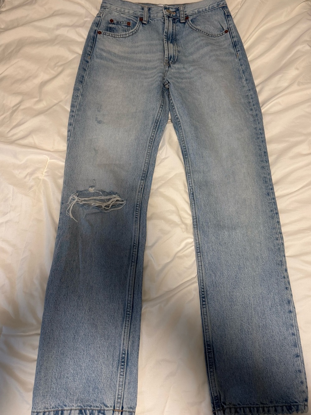 Zara Light Blue Distressed Straight-Leg Jeans